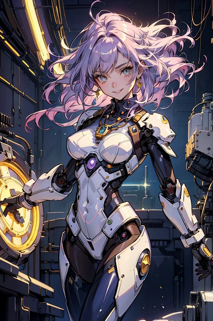 a cute robot girl, beautiful artwork, steampunk, ((masterpiece)), best quality, ultra-detailed, extremely detailed, 4K, 8K, best quality,  no bad anatomy, beautiful, anime style, laboratory, watercolor, retro art style, dynamic angle, jumping pose, robot suit, armor, beautiful purple hair, beautiful yellow eyes, beautiful eyes, mesh, transparent hair, translucent hair, fingered gloves, earrings, necklace, smile, light smile, sparkling effect