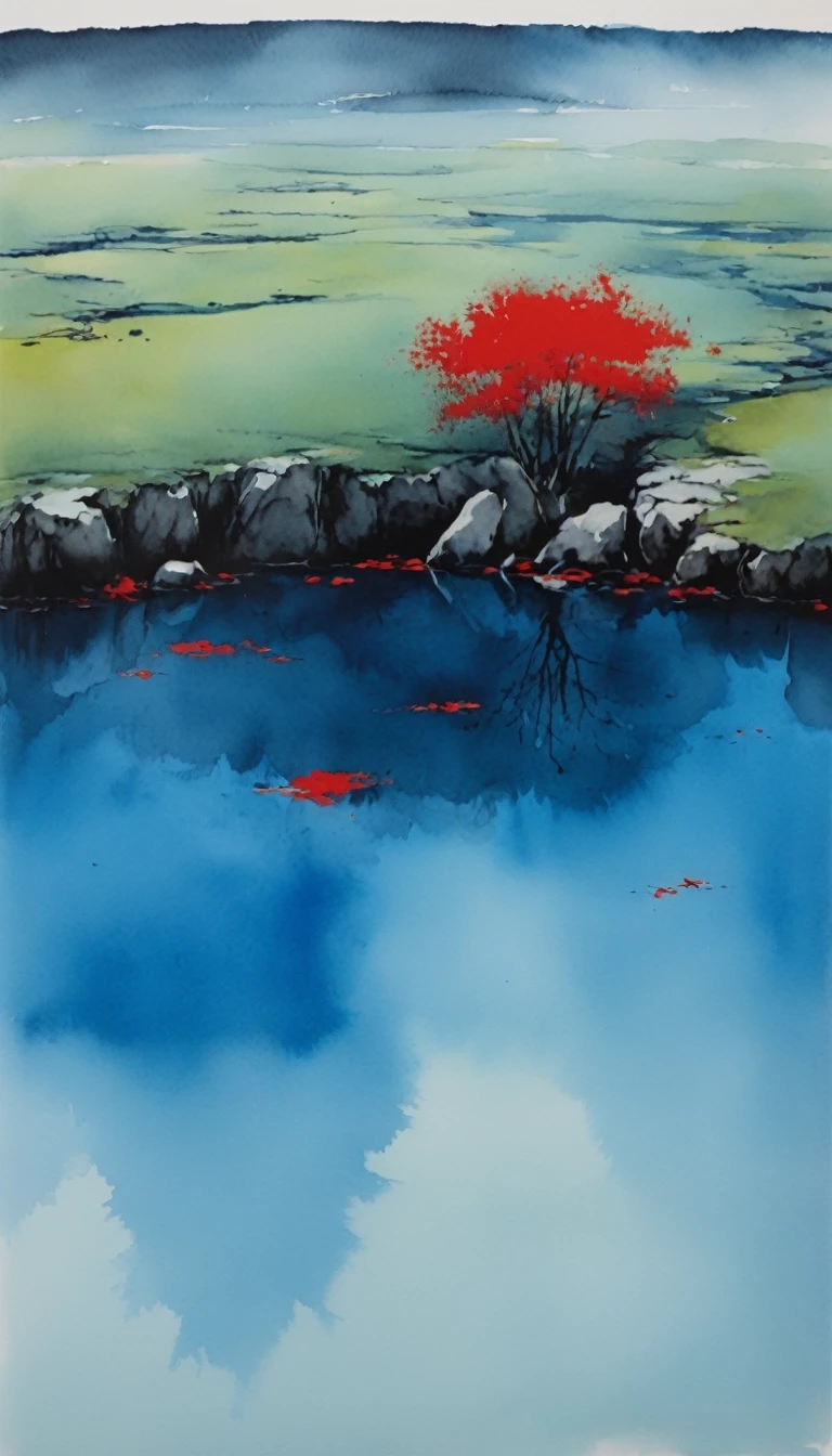 Top view:1.5,Ink Painting,On the blue lake,Red smudge
