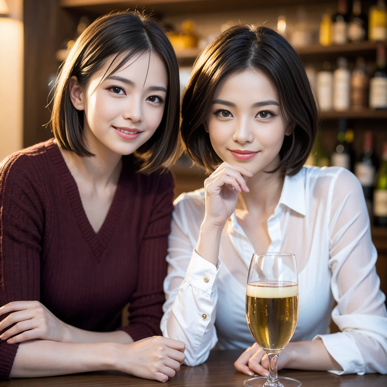 ((Highest quality、8K、masterpiece:1.3))、1 male、1 female、slimなCouple、lover、Couple、The body is slim、((Bob Hale、Straight hair:1.2)), (Realistic, Intricate details:1.2), フルコースディナーテーブルの上のwine glass、Put the light on your face、 Amazing view of the sunset sky and clouds、A bright smile、The wonderfulness of smile、Bright image、The beauty of wine, Beautiful Face, blue eyes, The light shines on your face, Blushing, short hair,Bright Face、 (Age 37), 39 years old, red wine 、Appetizers、Italian food、Wine bottle、Champagne、sparkling wine、Two beauties、Brown Hair、Shortcuts、Long sleeve shirt、dress、Beautiful woman 1, (slimな顔), (The body is slim), (Brown Hair), (Shortcuts), cheeks turn a little red,Attractive beauty、restaurant, In a prominent place (From the waist up) Nova Frog Style, actress, model, Upper Body, White wine, slim, wine glass, 中央に置かれたwine glass, smile, (smile: 1.15), Beautiful fine grain, Depth f/2,saturation, High Contrast, Strong light and shadow,Moist Body:1.5、3D texture、Delicate eyes、Brown Hair、The hair is very shiny、pink