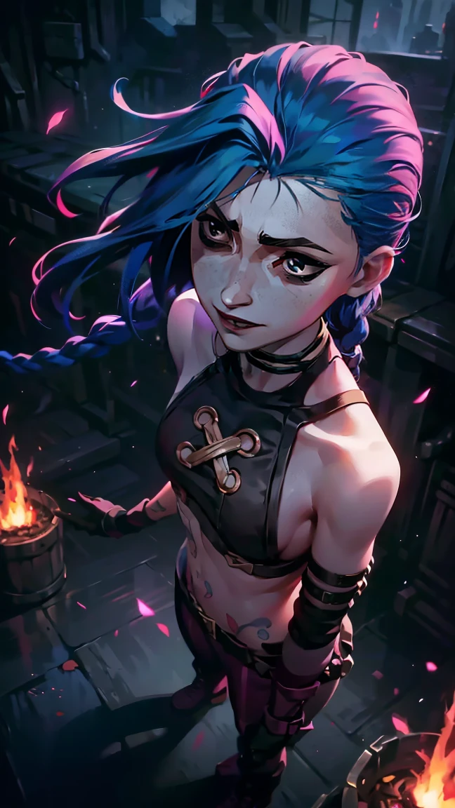 (masterpiece, Best quality), 1 girl, portrait, very sexy, crazy look, smile, crying, pink tears, tears on the cheeks, tears from eyes, full length (full body 1.1.), очень feminine, fighting stance, battle, fire, explosions, burning city, Beautiful waist, gloomy composition, flame, fire, Flash, very beautiful, feminine, long hair, hair braided in long braids, very sexy, tight leather pants, emphasis on the eyes, face accent, Beautiful face, Hands, Hair, Haired ponytail, red purple eyes, Джинкс crying, Blue cloud tattoo, (masterpiece, Best quality), Side lighting, beautiful detailed eyes, crazy face), (Best quality), (masterpiece), magic photography, Spectacular lighting, Photorealism, ultra detailed, интимная portraitная композиция, 1. 4,8 k UHD, aesthetic, Cd., A high resolution, 8 k, better lighting, Best shade, Ultra-HD, A high resolution, sharp focus, Complex background, Cinematic lighting, ((Landscape view)), 4K block, (better lighting), ((Cinematic lighting)),