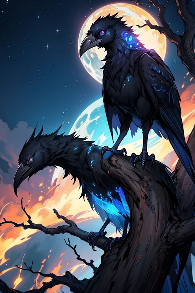 dark, ghastly bird with numerous eyes, glowing blue eyes lined with fire, crow, black feathers, liminal space, sitting on a twisted, ethereal tree, starry backdrop, cawing at the sky
