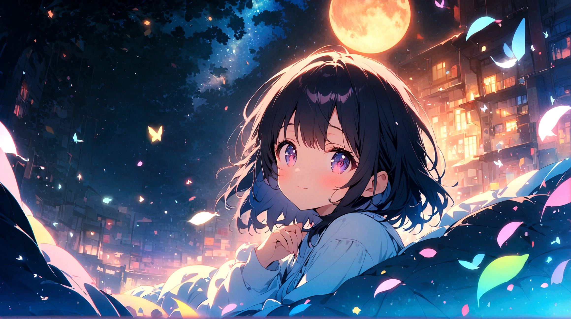 title: Night sky healing theme: LOFI music and nighttime relaxation explanation: このThe image is、To the gentle rhythm of lofi music、Contains soothing elements that will help you fall into a good night's sleep。The stage is set on a slightly dark night.、star々Under the shining sky、A cute girl is listening to music with a relaxed expression。Around her、Filled with fantastic light and color、It invites the viewer into a dreamlike world.。The image is、Perfect for sleep and work videos.、The aim is to provide a sense of calm and relaxation to the viewer.。