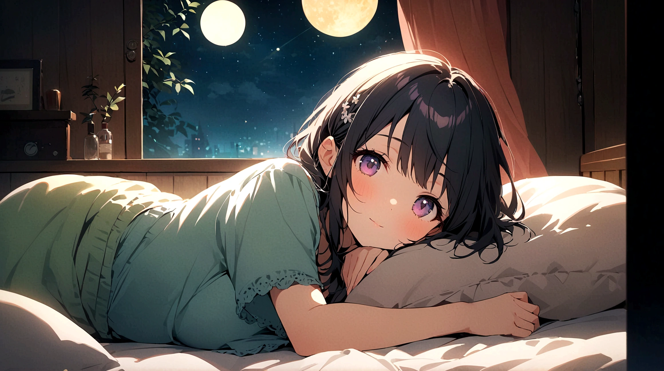 title: Night sky healing theme: LOFI music and nighttime relaxation explanation: このThe image is、To the gentle rhythm of lofi music、Contains soothing elements that will help you fall into a good night's sleep。The stage is set on a slightly dark night.、star々Under the shining sky、A cute girl is listening to music with a relaxed expression。Around her、Filled with fantastic light and color、It invites the viewer into a dreamlike world.。The image is、Perfect for sleep and work videos.、The aim is to provide a sense of calm and relaxation to the viewer.。