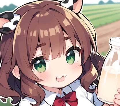 Woman with green eyes and brown curly hair, wearing a red bowtie. :3, sexy. (Farm background), (front pov), (brow Cow features), (milk) (Milk bottle on hand).