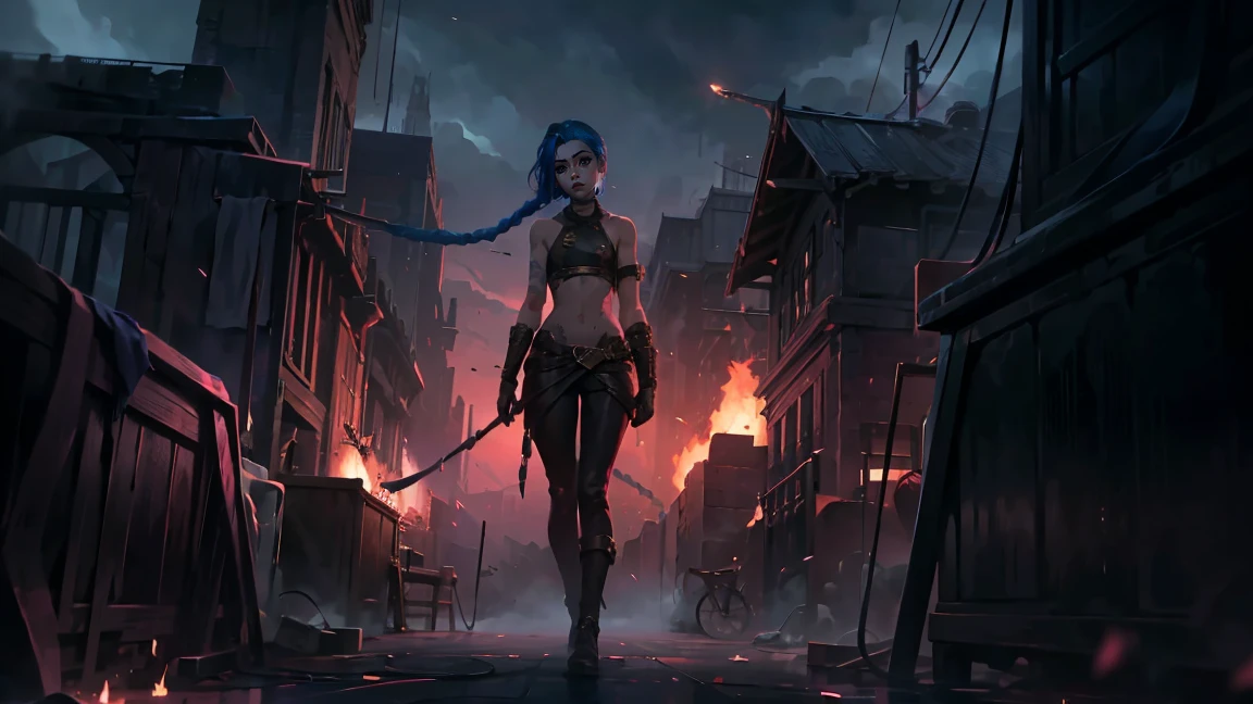 (masterpiece, Best quality), 1 girl, portrait, very sexy, crazy look, smile, crying, pink tears, tears on the cheeks, tears from eyes, full length (full body 1.1.), очень feminine, fighting stance, battle, fire, explosions, burning city, Beautiful waist, gloomy composition, flame, fire, Flash, very beautiful, feminine, long hair, hair braided in long braids, very sexy, tight leather pants, emphasis on the eyes, face accent, Beautiful face, Hands, Hair, Haired ponytail, red purple eyes, Джинкс crying, Blue cloud tattoo, (masterpiece, Best quality), Side lighting, beautiful detailed eyes, crazy face), (Best quality), (masterpiece), magic photography, Spectacular lighting, Photorealism, ultra detailed, интимная portraitная композиция, 1. 4,8 k UHD, aesthetic, Cd., A high resolution, 8 k, better lighting, Best shade, Ultra-HD, A high resolution, sharp focus, Complex background, Cinematic lighting, ((Landscape view)), 4K block, (better lighting), ((Cinematic lighting)),