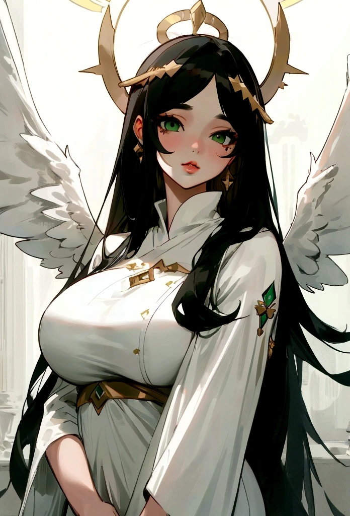 ((best quality)), ((masterpiece)), (detailed), 1woman, long white dress, large breasts, green eyes, super long black hair, beauty mark by left eye, plump lips, white wings on head, halo