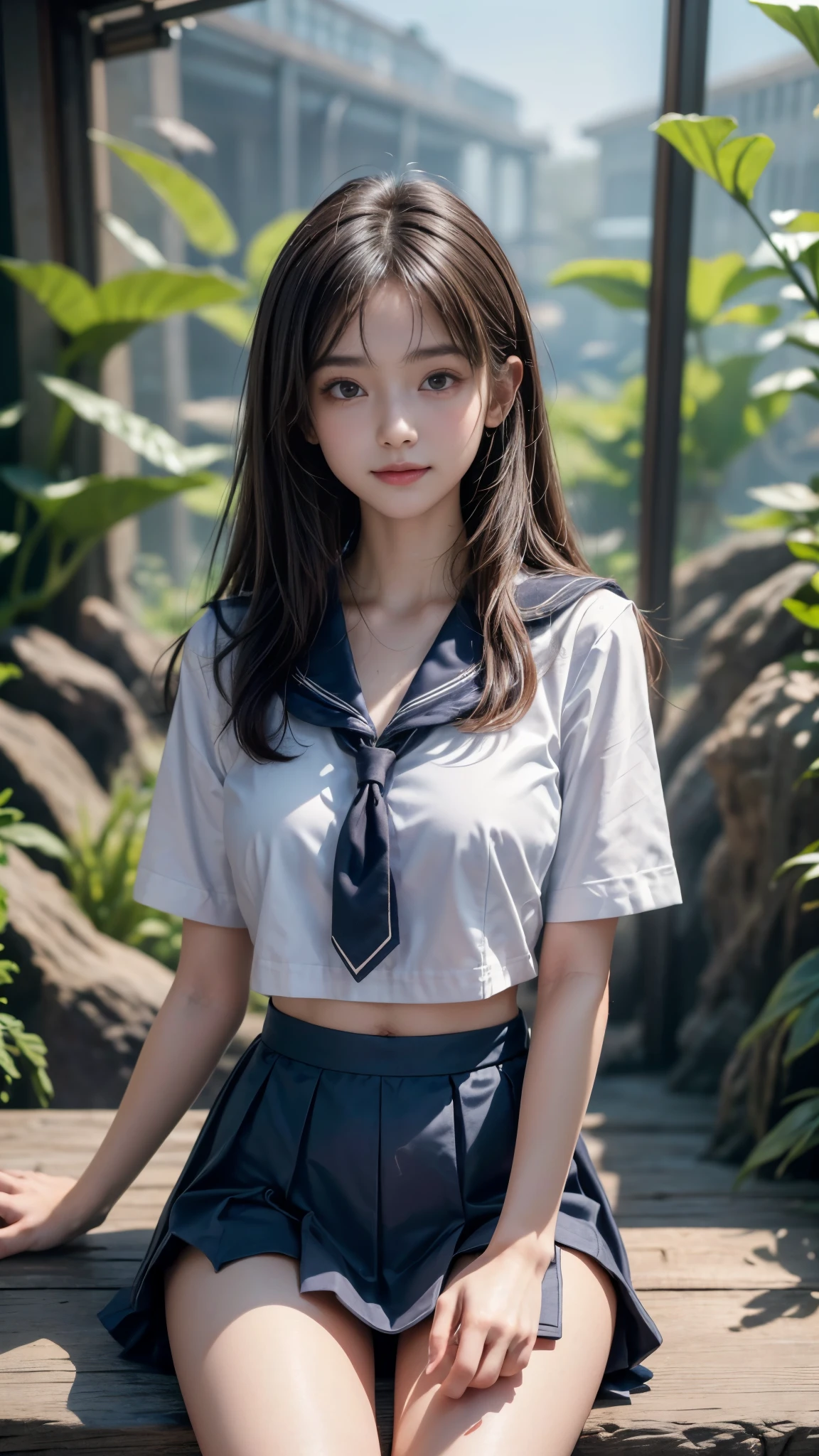 Realistic:1.3, Tabletop, (Highest quality, 8K, masterpiece:1.2, RAW Photos), ((1 beautiful girl, )), Japanese, high school girl, smile, Slim Abs, Medium breast, ((Wearing the school-issued sailor uniform, mini skirt)), Button unbuttoned, Cleavage, Sitting on a chair in a classroom at school, Spread your legs, Short torso, Thin high waist, Beautiful long legs, (whole body), ((A glimpse of the peeking that fascinates everyone:1.3)), Beautiful Face, Beautiful Eyes, Hair swept down the back to show shoulders, ((Detailed face, Fine grain, Professional photography techniques)), (Perfect Anatomy:1.3), ((A fantastical passageway inside the aquarium:1.2))