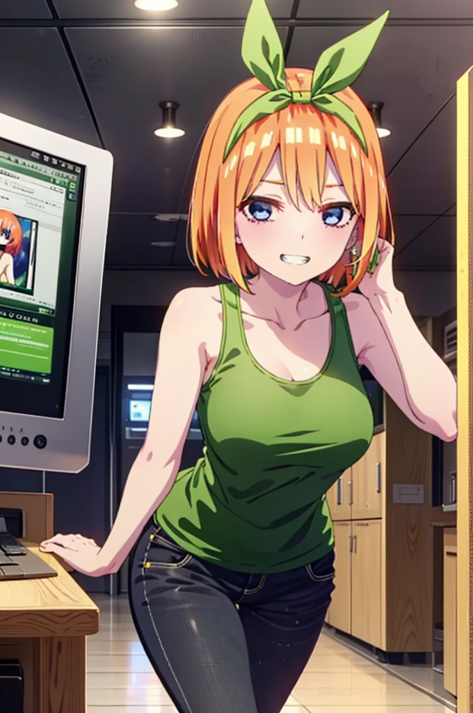 Yotsubanakano, Yotsuba Nakano, bangs, short hair, blue eyes, Hair between the eyes, hair ribbon, hair band, Orange Hair, (Green ribbon:1.5), smile, Grin,Green tank top,Skinny jeans,Stiletto heels,There is a computer on the table,interior,Walking,whole bodyがイラストに入るように,
break indoors, オフィス
break looking at viewer, whole body,
break (masterpiece:1.2), Highest quality, High resolution, unity 8k wallpaper, (figure:0.8), (Beautiful attention to detail:1.6), Highly detailed face, Perfect lighting, Highly detailed CG, (Perfect hands, Perfect Anatomy),