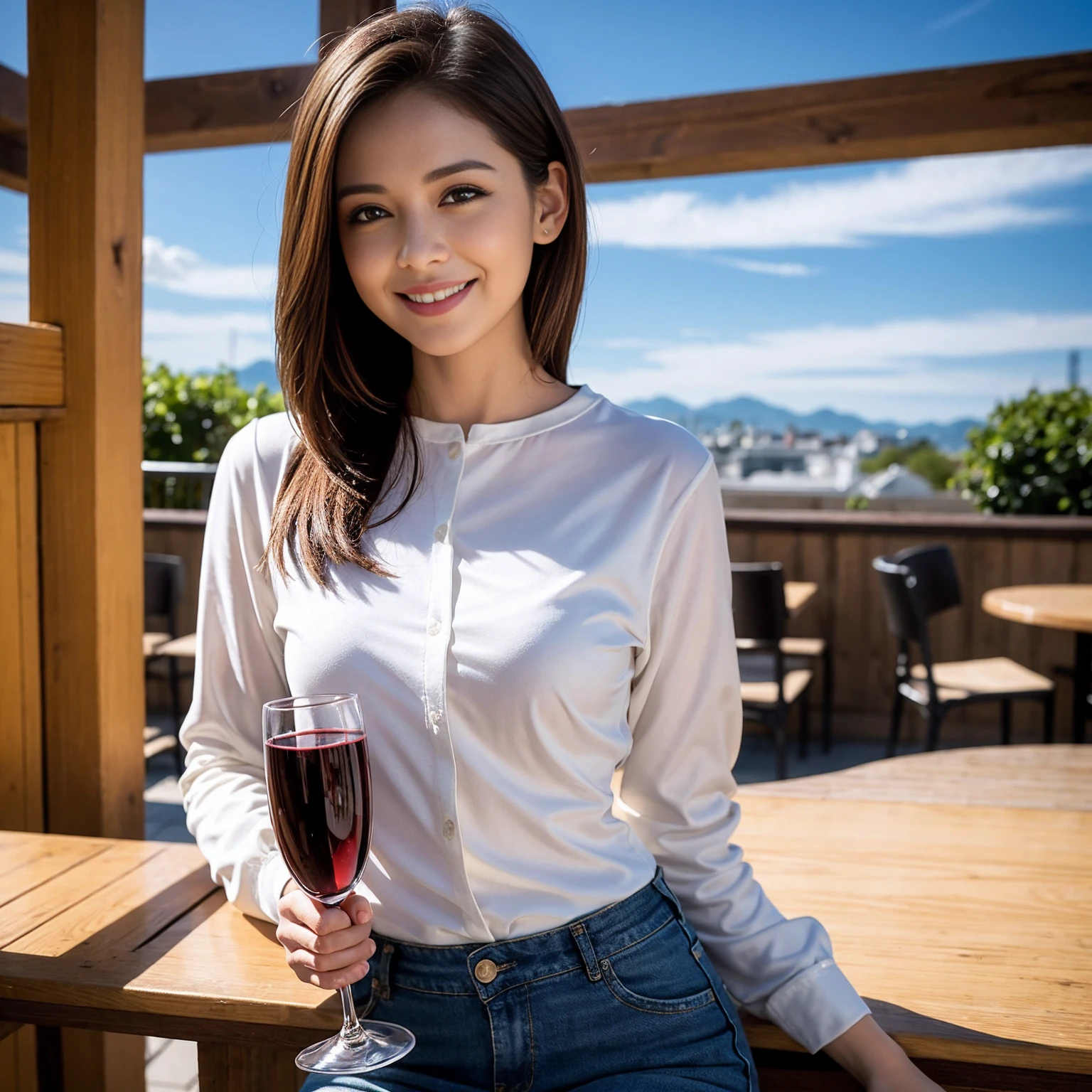 ((Highest quality、、masterpiece:1.3))、1 male、1 female、42 years old 39 years old、Slim Beauty、Beautiful couple、Upper Body、smile、 (Slim face), (the body is スリム), (Brown Hair), (Shortcuts), テーブルのフルコースディナーとwine glass、Amazing view of the sunset sky and clouds、smileの美しさ、Wine bottle、sparkling wine、Long sleeve shirt、dress、White wine, red wine, wine glass, Beautiful fine grain, Depth f/2,saturation, High Contrast, Strong light and shadow,Moist Body:1.5、3D texture、The hair is very shiny、