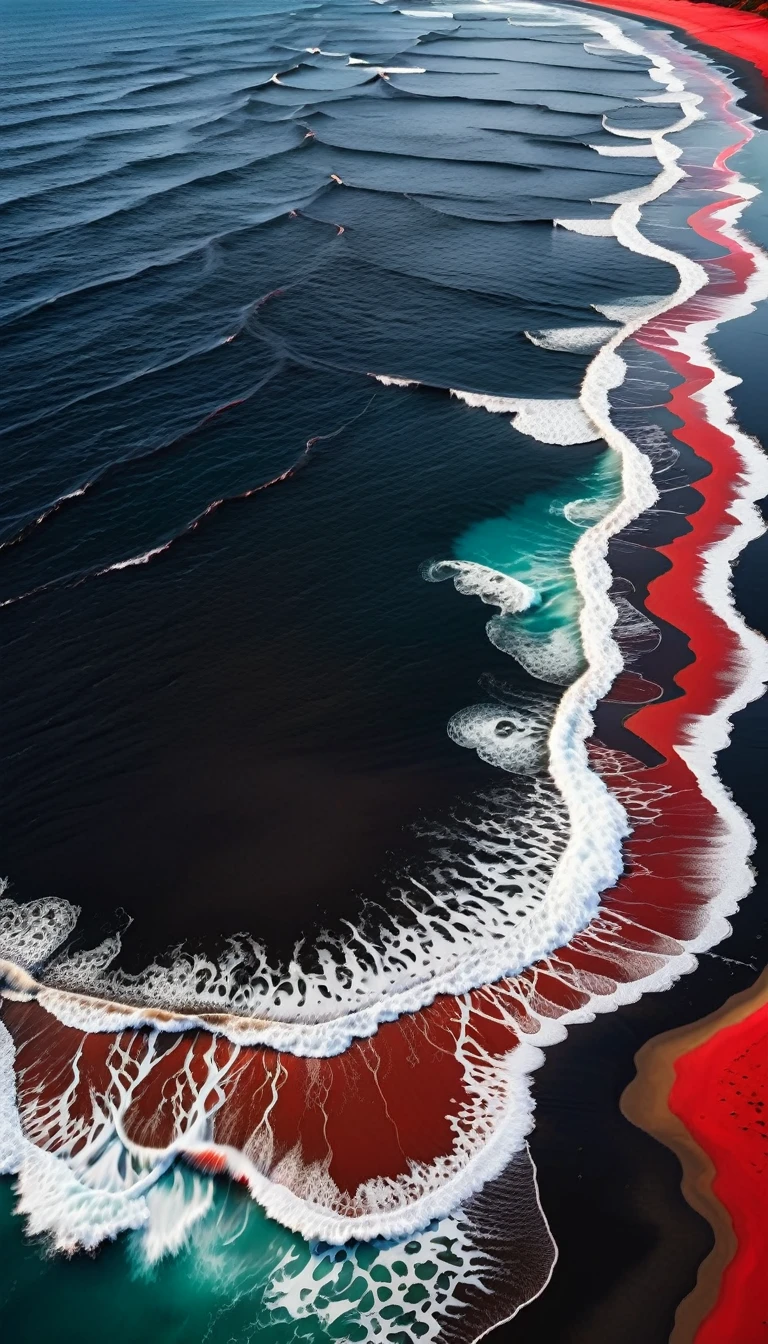 Top view，a beautiful detailed black sand beach,dramatic red ocean,minimalist vector landscape,clean stylized flat art,high contrast,masterpiece,best quality,8K,photorealistic,intricate details,seamless,stunning colors,dramatic lighting