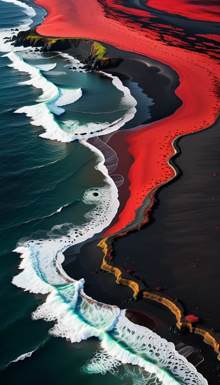 Top view,a beautiful detailed black sand beach,dramatic red ocean,minimalist vector landscape,clean stylized flat art,high contrast,masterpiece,best quality,8K,photorealistic,intricate details,seamless,stunning colors,dramatic lighting
