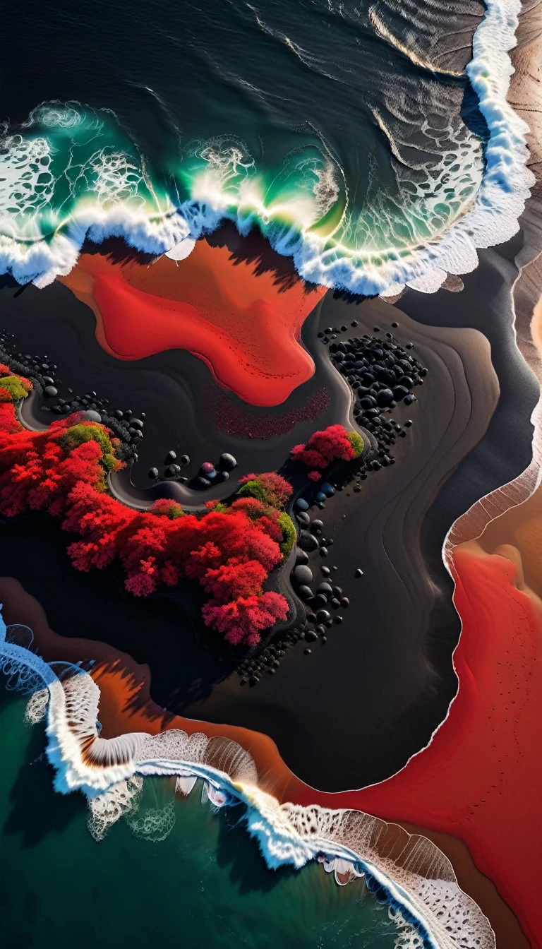 Top view,a beautiful detailed black sand beach,dramatic red ocean,minimalist vector landscape,clean stylized flat art,high contrast,masterpiece,best quality,8K,photorealistic,intricate details,seamless,stunning colors,dramatic lighting
