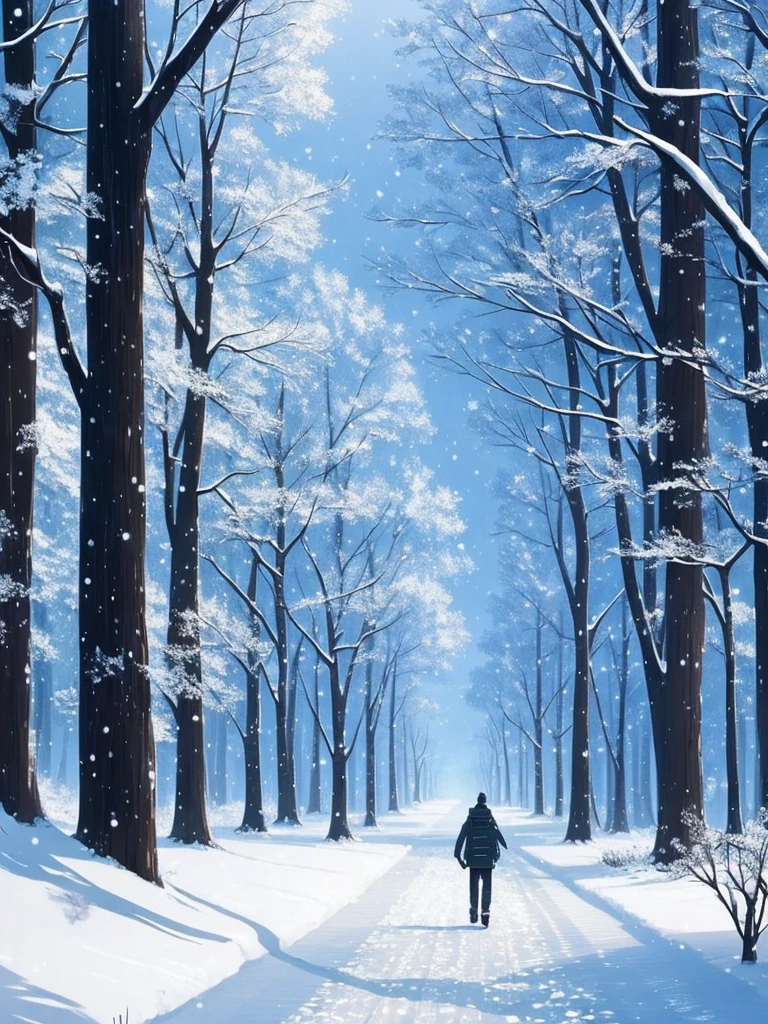 a close up of a person walking on a snowy path in the woods, snowy. by makoto shinkai, ross tran. scenic background, beautiful anime scene, by sylvain sarrailh, winter concept art, beautiful anime scenery, beautiful concept art, anime nature, anime nature wallpap, snow forest, environment art, cold colors. insanely detailed
