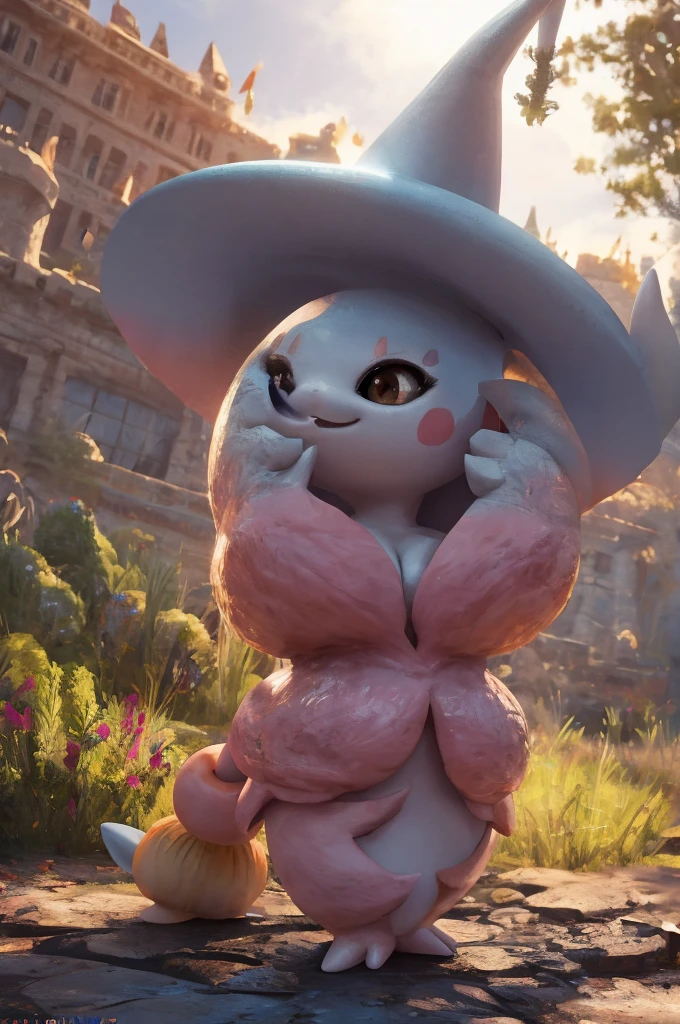 Female,pokemon,Hatterene, background, (cinematic lighting:1.1), (perfect focus:1.1), 8k hd, (detailed eyes:1.2),depth of field, bokeh, subsurface scattering, perfect breasts, wide ,((hatterene pokemon clothes type ada )),bright colors, (furry detail:1.3),detailed background, realistic, photorealistic, ultra realistic,castle on a hill and a lot of fog, natural landscape,dry trees, thorns , sky, clouds,realistic, photorealistic ,smile,(fluffy:1.3), furry, buff, (realistic fur:1.1), (extreme fur detail:1.2),((light orange fur)),(Black pupil, brown eyes,pixar style eyes),3d pixar legs,anthropomorphic body almost of a human,(Dark Fantasy mode),desnuda posando y tocando su pecho. 