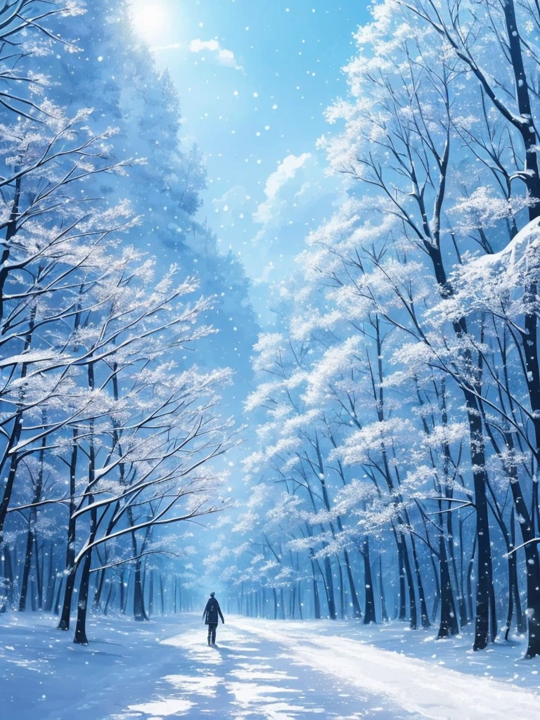 a close up of a person walking on a snowy path in the woods, snowy. by makoto shinkai, ross tran. scenic background, beautiful anime scene, by sylvain sarrailh, winter concept art, beautiful anime scenery, beautiful concept art, anime nature, anime nature wallpap, snow forest, environment art, cold colors. insanely detailed
