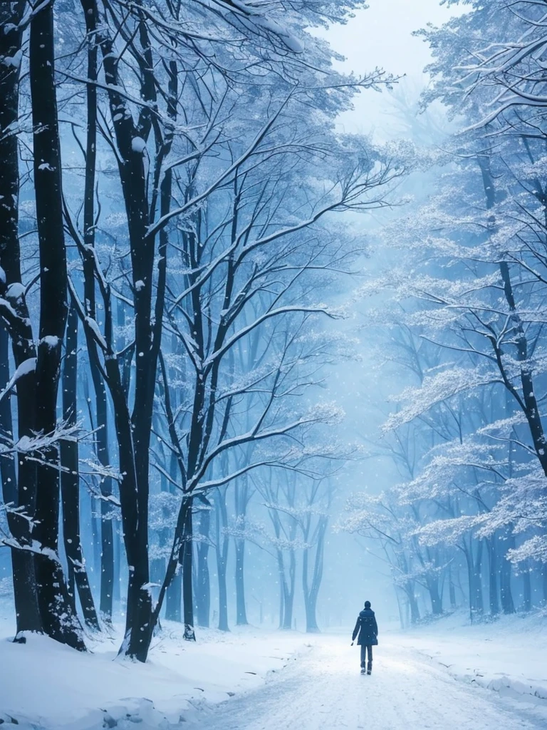 a close up of a person walking on a snowy path in the woods, snowy. by makoto shinkai, ross tran. scenic background, beautiful anime scene, by sylvain sarrailh, winter concept art, beautiful anime scenery, beautiful concept art, anime nature, anime nature wallpap, snow forest, environment art, cold colors. insanely detailed