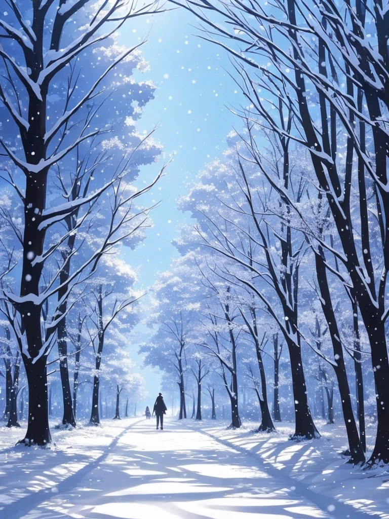 a close up of a person walking on a snowy path in the woods, snowy. by makoto shinkai, ross tran. scenic background, beautiful anime scene, by sylvain sarrailh, winter concept art, beautiful anime scenery, beautiful concept art, anime nature, anime nature wallpap, snow forest, environment art, cold colors. insanely detailed