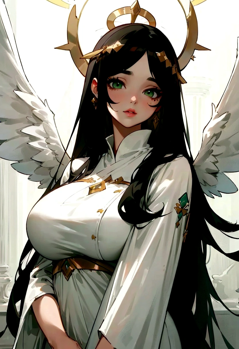 ((best quality)), ((masterpiece)), (detailed), 1woman, long white dress, large breasts, green eyes, super long black hair, beauty mark by left eye, plump lips, white wings on head, halo