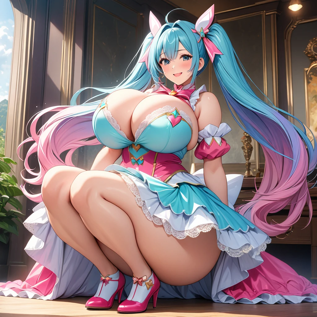 gigantic breasts, Very thick thighs、Very big ass、A woman wearing a magical girl costume, vibrant pastel colors, sparkling accessories, flowing skirt, detailed lace and ribbons, long hair in twin tails, facing the viewer in a full-body shot, bashful expression, teary smile, hair color and hairstyle randomized, gravure、Girl to be photographed、 (masterpiece: 2), best quality, ultra highres, original, extremely detailed, perfect lighting, 8K, 2,5D
