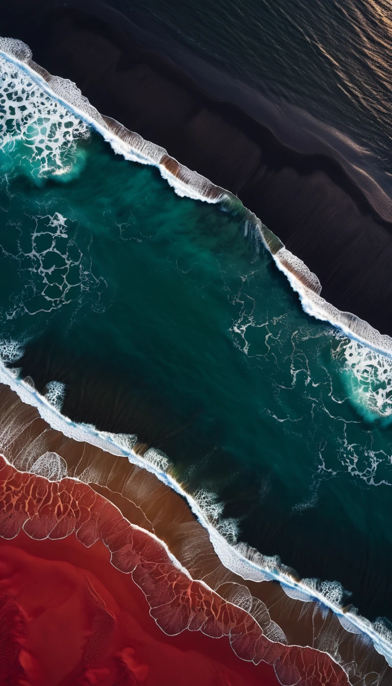 Top view,a beautiful detailed black sand beach,dramatic red ocean,minimalist vector landscape,clean stylized flat art,high contrast,masterpiece,best quality,8K,photorealistic,intricate details,seamless,stunning colors,dramatic lighting