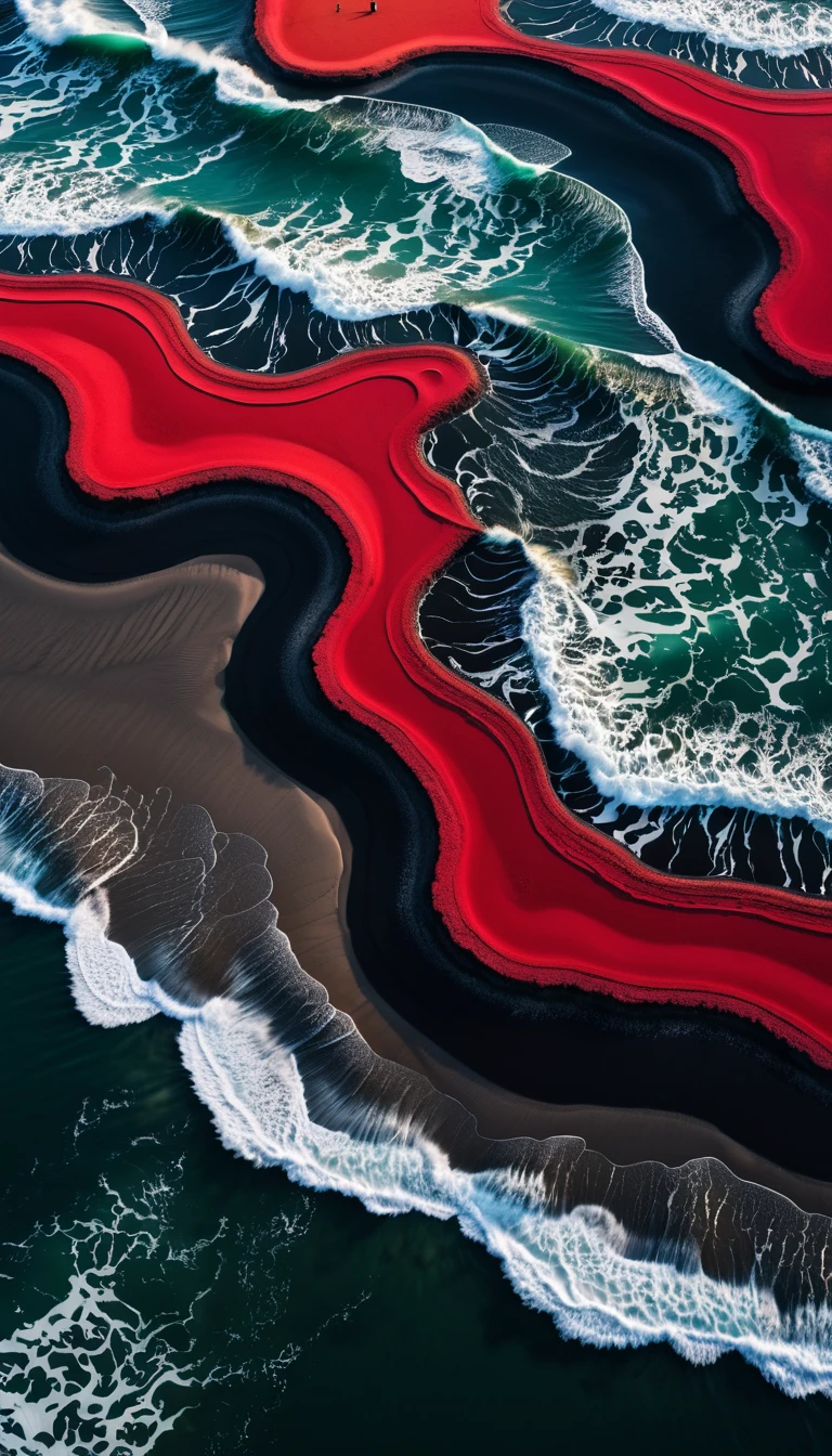 Top view,a beautiful detailed black sand beach,dramatic red ocean,minimalist vector landscape,clean stylized flat art,high contrast,masterpiece,best quality,8K,photorealistic,intricate details,seamless,stunning colors,dramatic lighting