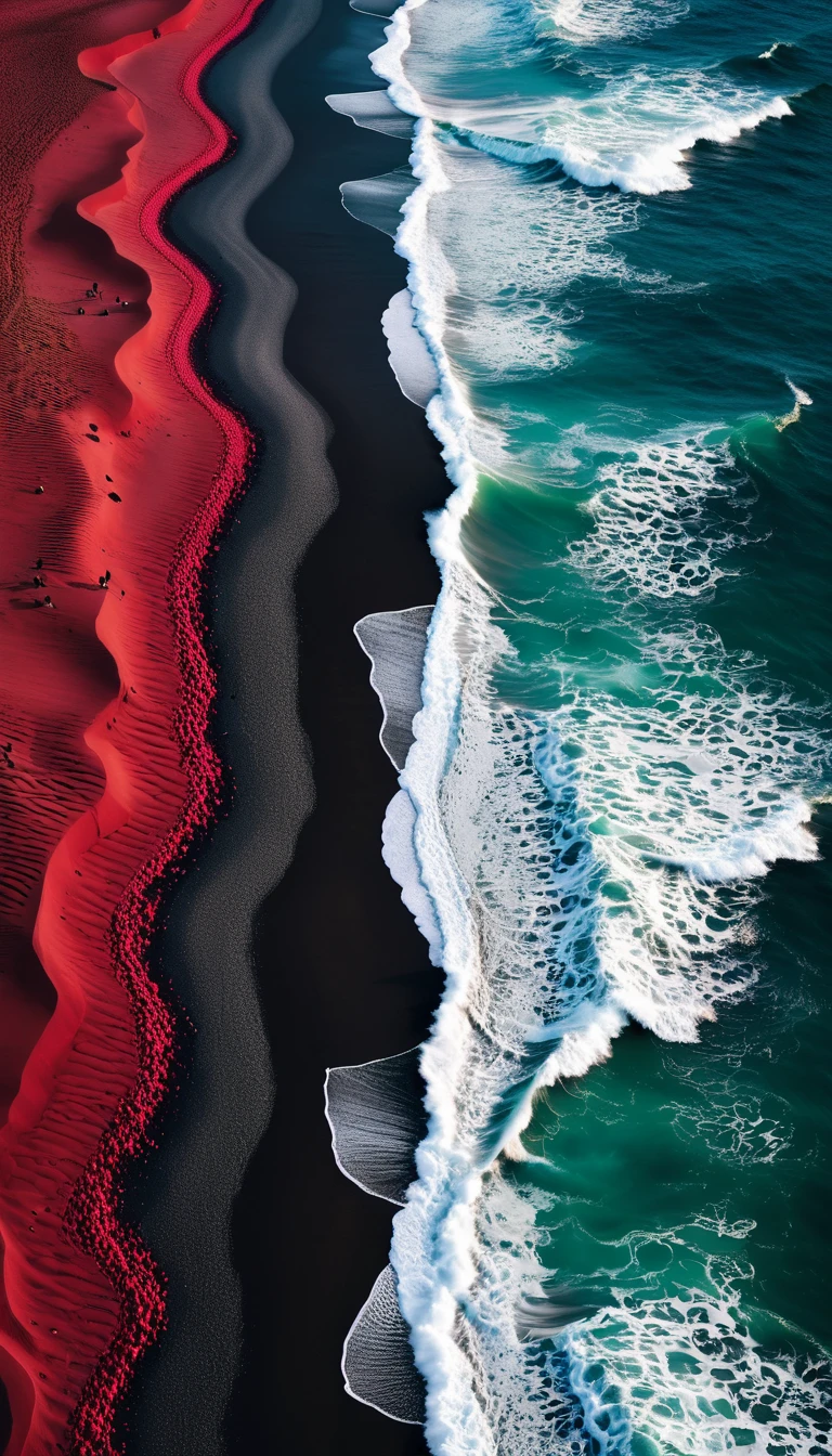 Top view,a beautiful detailed black sand beach,dramatic red ocean,minimalist vector landscape,clean stylized flat art,high contrast,masterpiece,best quality,8K,photorealistic,intricate details,seamless,stunning colors,dramatic lighting