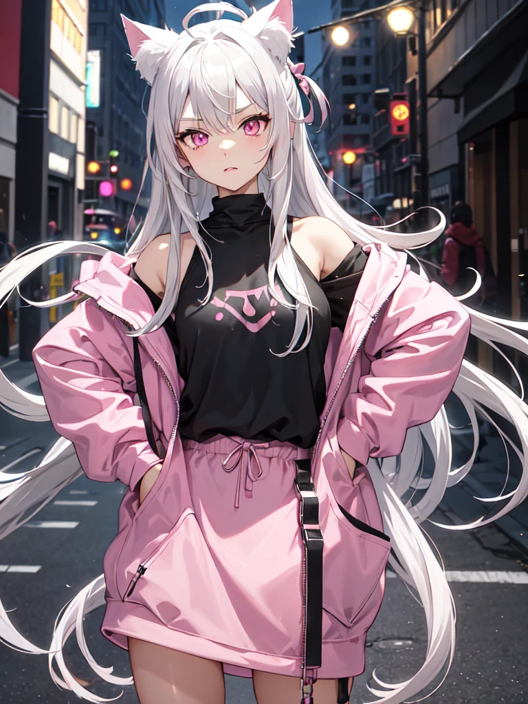 cat ear,Beautiful silver hair,Pink inside,Beautiful pink eyes hoodie,off shoulder:1.2, mob cap, street,hand on hip, hand in pocket,