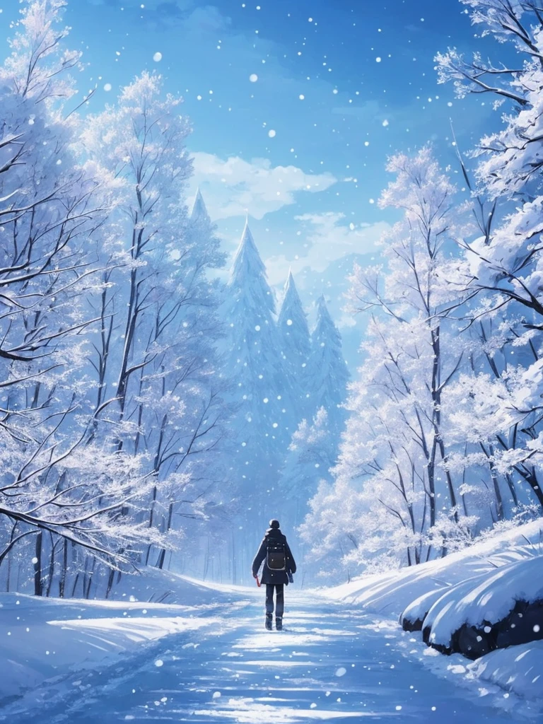 a close up of a person walking on a snowy path in the woods, concept art by sylvain sarrailh, Artstation, conceptual art, snowy. by makoto shinkai, ross tran. scenic background, beautiful anime scene, winter concept art, beautiful anime scenery, beautiful concept art, anime nature, anime nature wallpap, snow forest, environment art