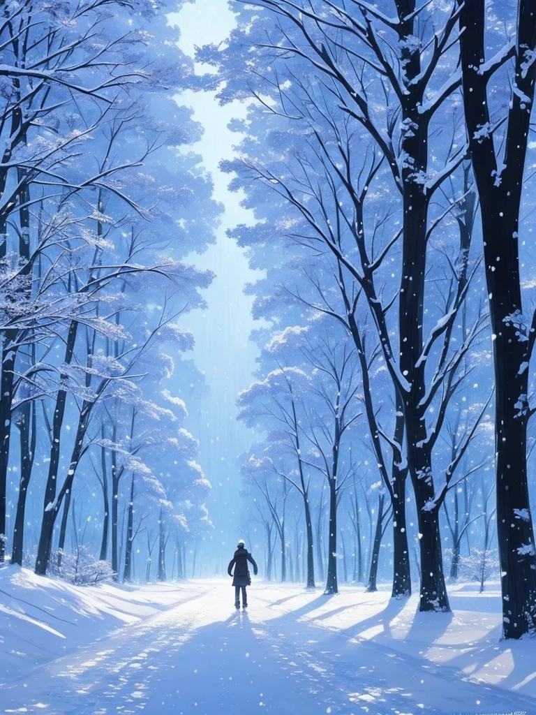 a close up of a person walking on a snowy path in the woods, concept art by sylvain sarrailh, Artstation, conceptual art, snowy. by makoto shinkai, ross tran. scenic background, beautiful anime scene, winter concept art, beautiful anime scenery, beautiful concept art, anime nature, anime nature wallpap, snow forest, environment art