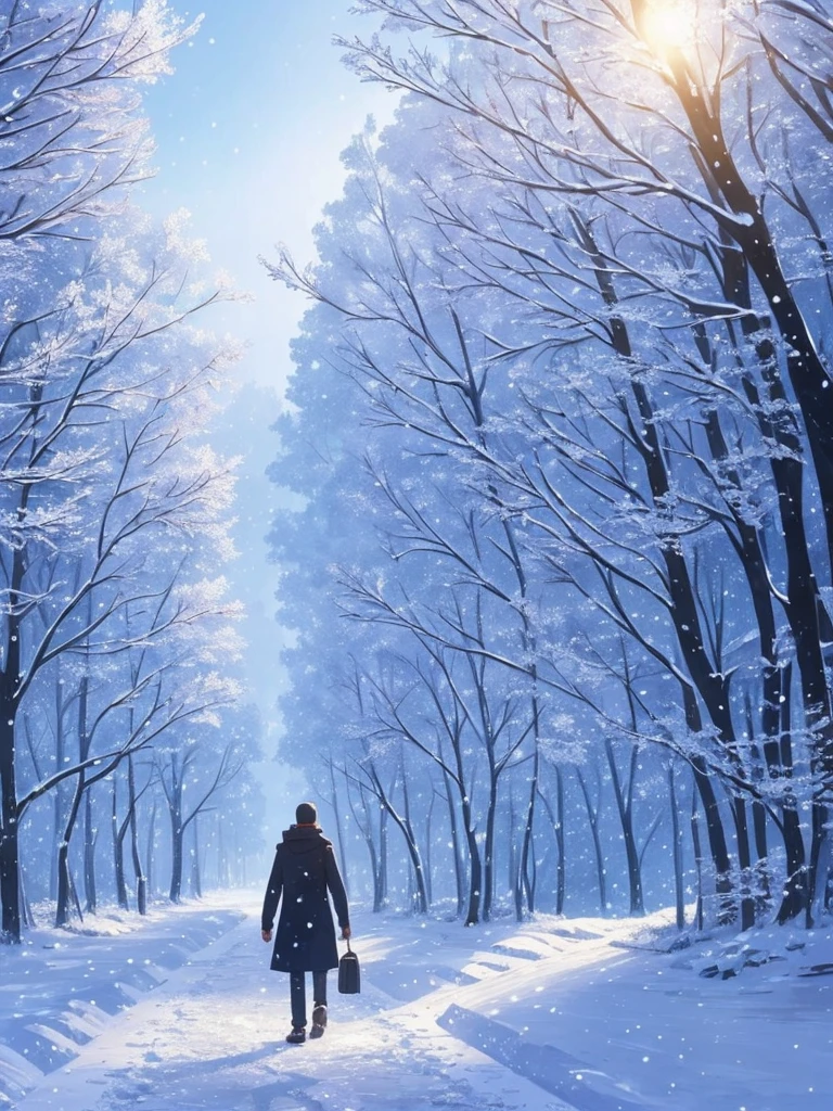 a close up of a person walking on a snowy path in the woods, concept art by sylvain sarrailh, Artstation, conceptual art, snowy. by makoto shinkai, ross tran. scenic background, beautiful anime scene, winter concept art, beautiful anime scenery, beautiful concept art, anime nature, anime nature wallpap, snow forest, environment art
