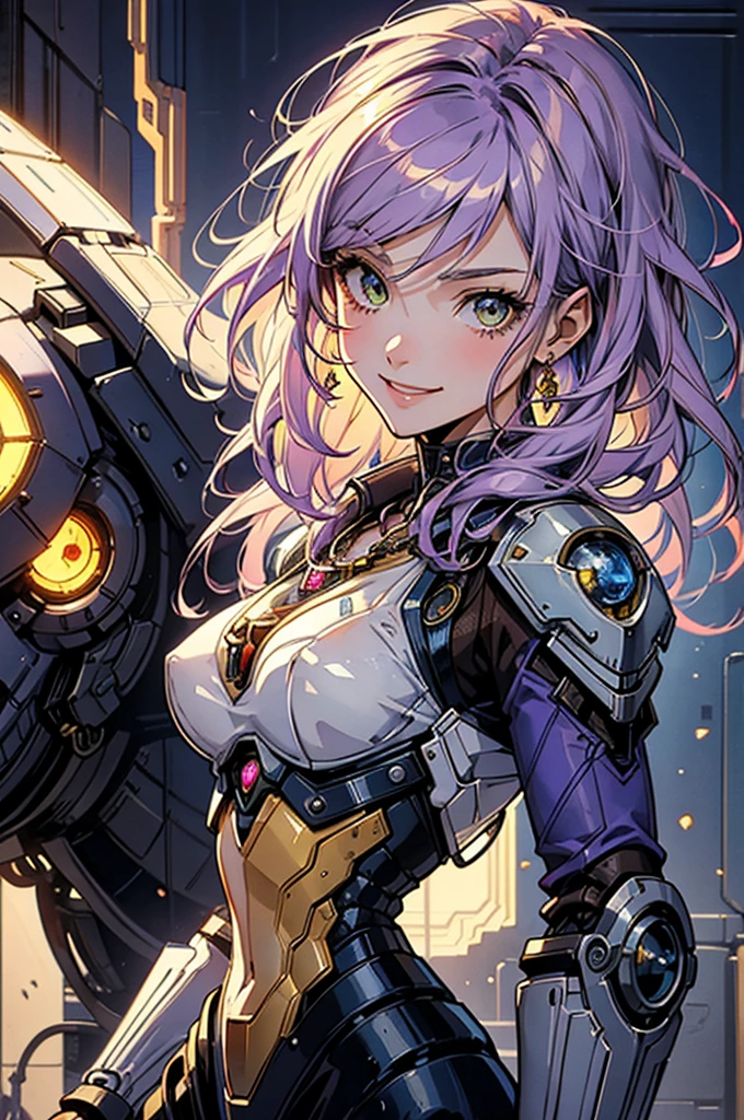 a cute robot girl, beautiful artwork, steampunk, ((masterpiece)), best quality, ultra-detailed, extremely detailed, 4K, 8K, best quality, no bad anatomy, beautiful, anime style, laboratory, watercolor, retro art style, dynamic angle, jumping pose, robot suit, armor, beautiful purple hair, beautiful yellow eyes, beautiful eyes, mesh, transparent hair, translucent hair, fingered gloves, earrings, necklace, smile, light smile, sparkling effect