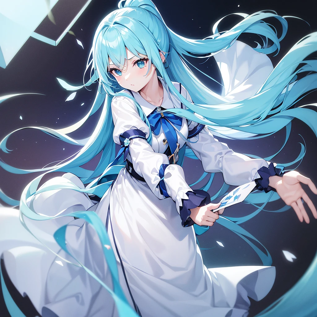 (Highest quality、Masterpiece)Light blue hair、Pale blue eyes、Long Hair、ponytail、tilt one&#39;s head、Worried expression、head shot、shoot from below、closeup-face、