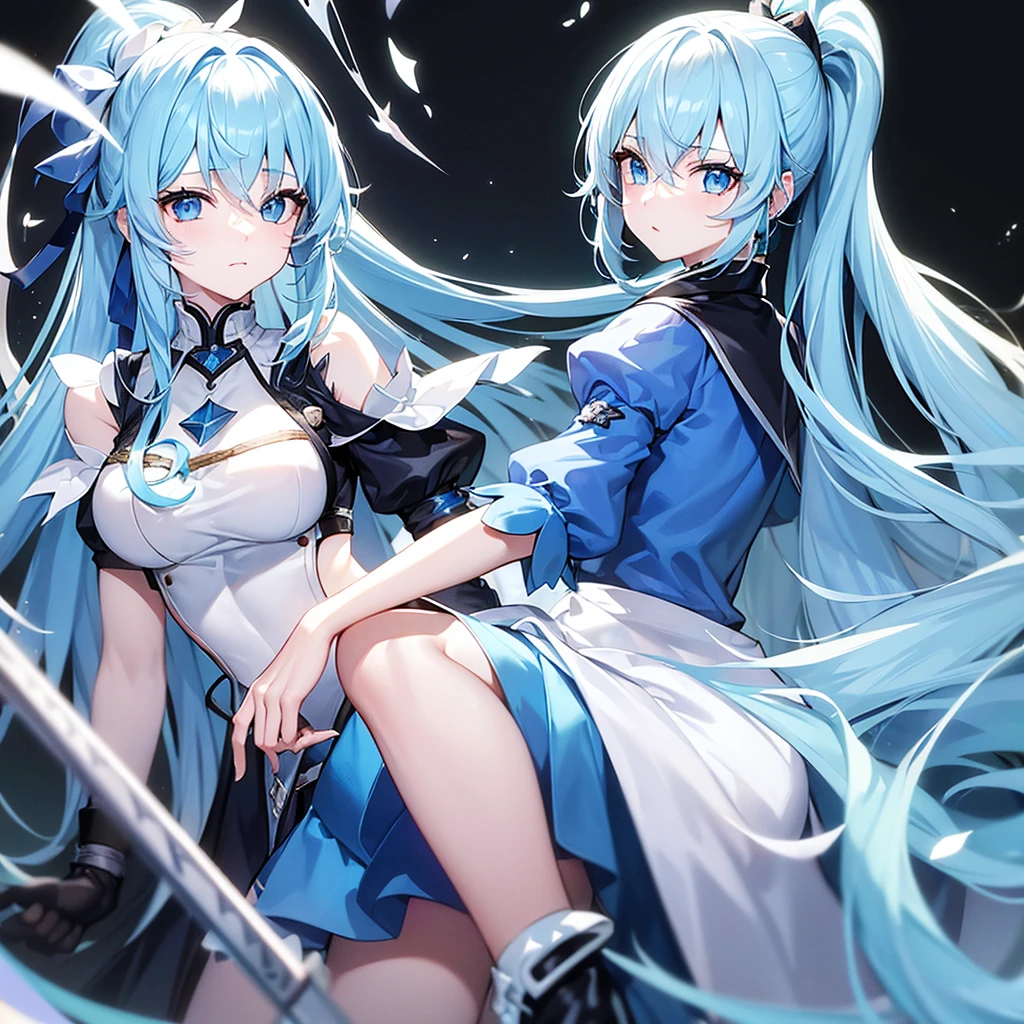 (Highest quality、Masterpiece)Light blue hair、Pale blue eyes、Long Hair、ponytail、tilt one&#39;s head、Worried expression、head shot、shoot from below、closeup-face、