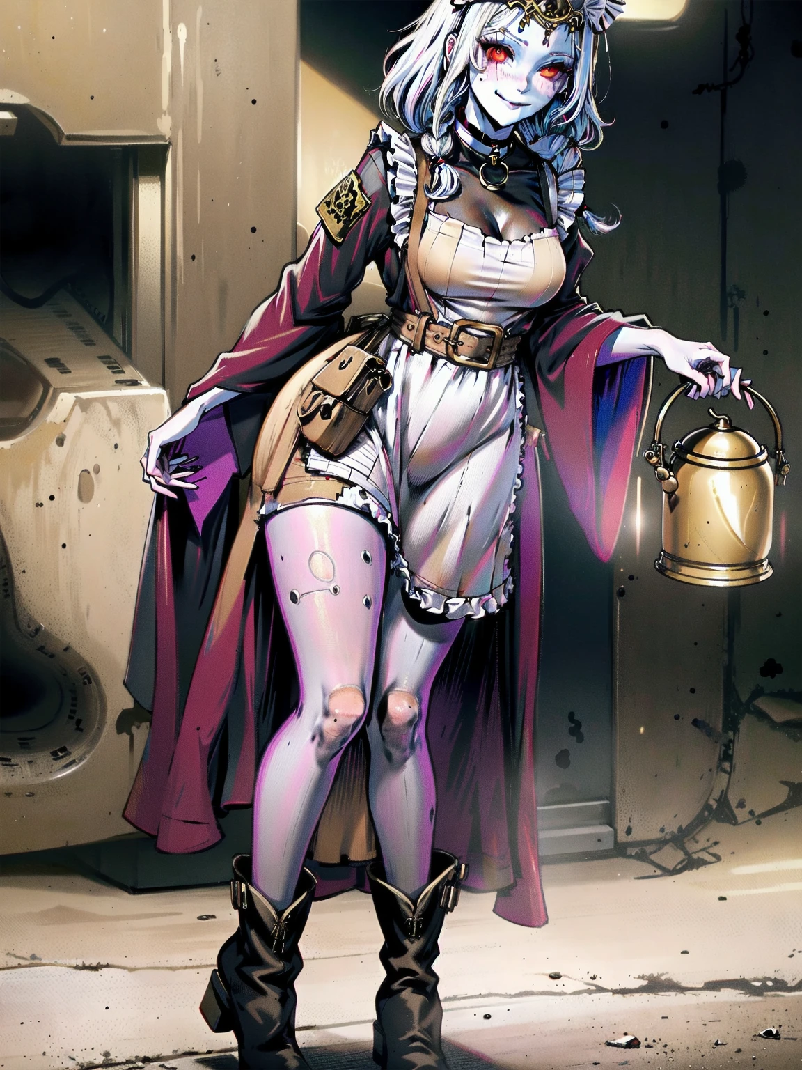 (Cassia Orsellio colored skin) full body standing straight symmetrical, red eyes, lustful smirking smile face red blush red cheeks, looking at viewer, holding tray, maid headdress, maid, dress, apron, long sleeves, brown pantyhose, leather choker with golden bell, long leather military boots, thighs, short bob white hair with 2braids, 2medium breast, masterpiece
