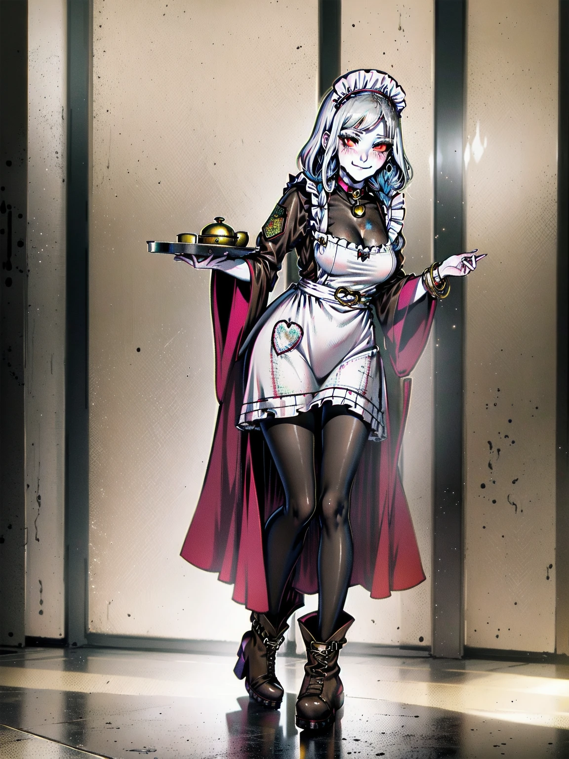 (Cassia Orsellio colored skin) full body standing straight symmetrical, red eyes, lustful smirking smile face red blush red cheeks, looking at viewer, holding tray, maid headdress, maid, dress, apron, long sleeves, brown pantyhose, leather choker with golden bell, long leather military boots, thighs, short bob white hair with 2braids, 2medium breast, masterpiece