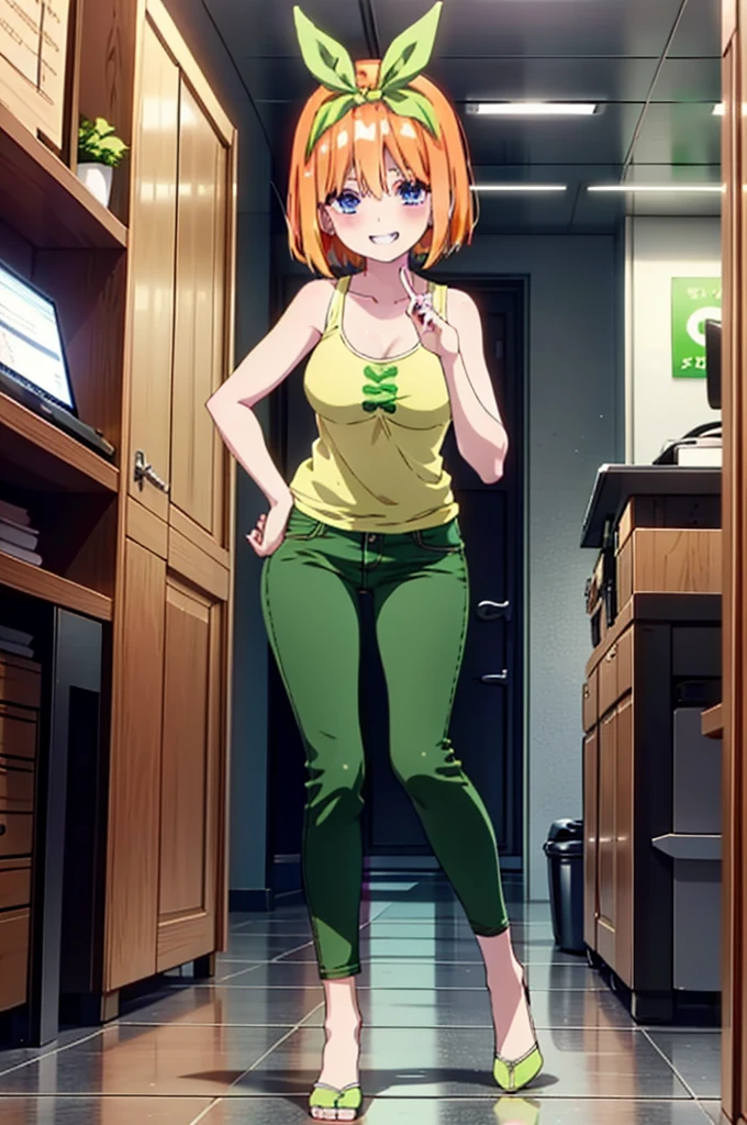 Yotsubanakano, Yotsuba Nakano, bangs, short hair, blue eyes, Hair between the eyes, hair ribbon, hair band, Orange Hair, (Green ribbon:1.5), smile, Grin,Green tank top,Skinny jeans,Stiletto heels,Put your left hand on your hip,There is a computer on the table,interior,Walking,whole bodyがイラストに入るように,
break indoors, オフィス
break looking at viewer, whole body,
break (masterpiece:1.2), Highest quality, High resolution, unity 8k wallpaper, (figure:0.8), (Beautiful attention to detail:1.6), Highly detailed face, Perfect lighting, Highly detailed CG, (Perfect hands, Perfect Anatomy),