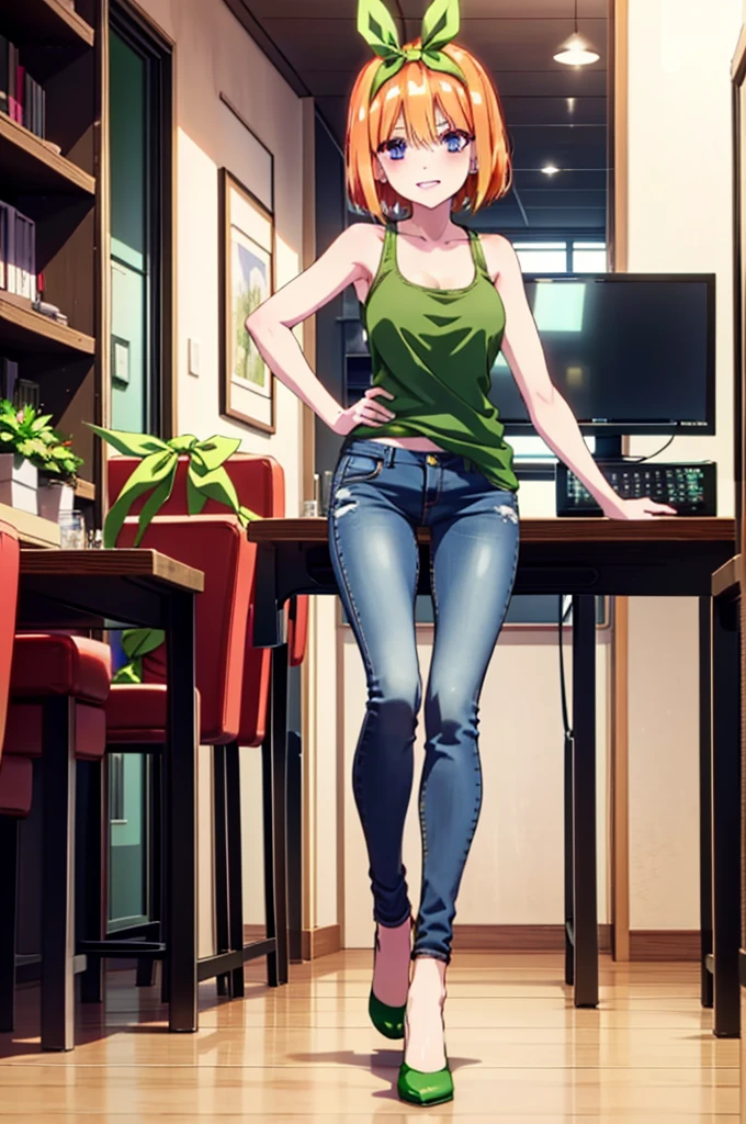 Yotsubanakano, Yotsuba Nakano, bangs, short hair, blue eyes, Hair between the eyes, hair ribbon, hair band, Orange Hair, (Green ribbon:1.5), smile, Grin,Green tank top,Skinny jeans,Stiletto heels,Put your left hand on your hip,There is a computer on the table,interior,Walking,whole bodyがイラストに入るように,
break indoors, オフィス
break looking at viewer, whole body,
break (masterpiece:1.2), Highest quality, High resolution, unity 8k wallpaper, (figure:0.8), (Beautiful attention to detail:1.6), Highly detailed face, Perfect lighting, Highly detailed CG, (Perfect hands, Perfect Anatomy),