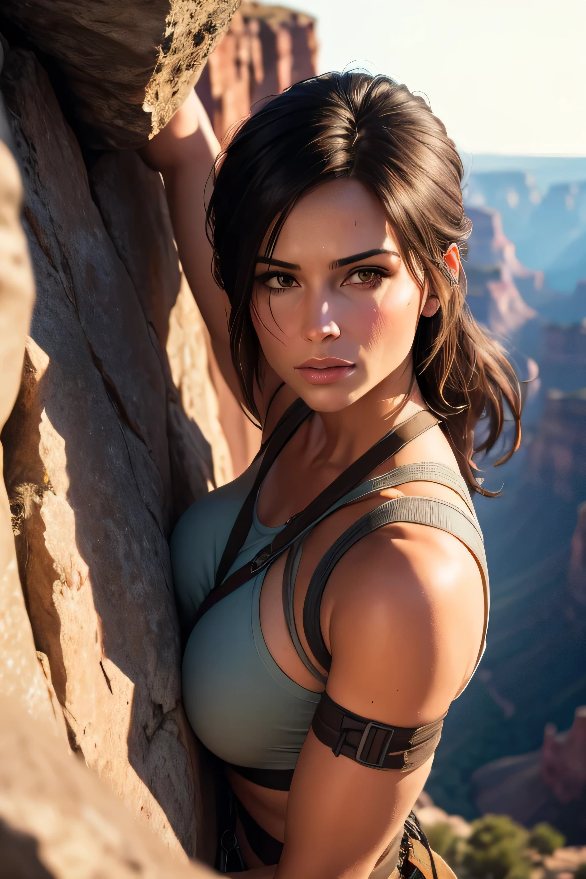 Create a picture of Lara Croft engaging in cliff walking and climbing in a breathtaking, grand canyon landscape. She is scaling a steep, rocky cliff with the aid of climbing gear, including ropes, harnesses, and carabiners. The cliff is part of a dramatic mountain range, with sheer drops and jagged peaks. Lara is dressed in a light blue t-shirt and dark jeans. The environment should include realistic rock textures and intricate details, with the sunlight casting dynamic shadows on the cliff face. The overall atmosphere should convey a sense of adventure, courage, and the thrill of conquering nature's obstacles. DLSR, sharp focus, soft lighting, masterpiece, photorealistic, 8k, masterpiece, perfect face, ultra detailed face, perfect brown eyes, beautiful face, close up face