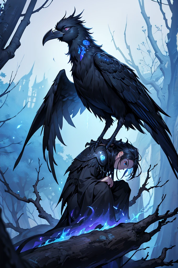 dark, ghastly bird with countless eyes, glowing blue eyes lined with fire, crow, black feathers, liminal space, sitting on a twisted, ethereal tree, starry backdrop, cawing at the sky