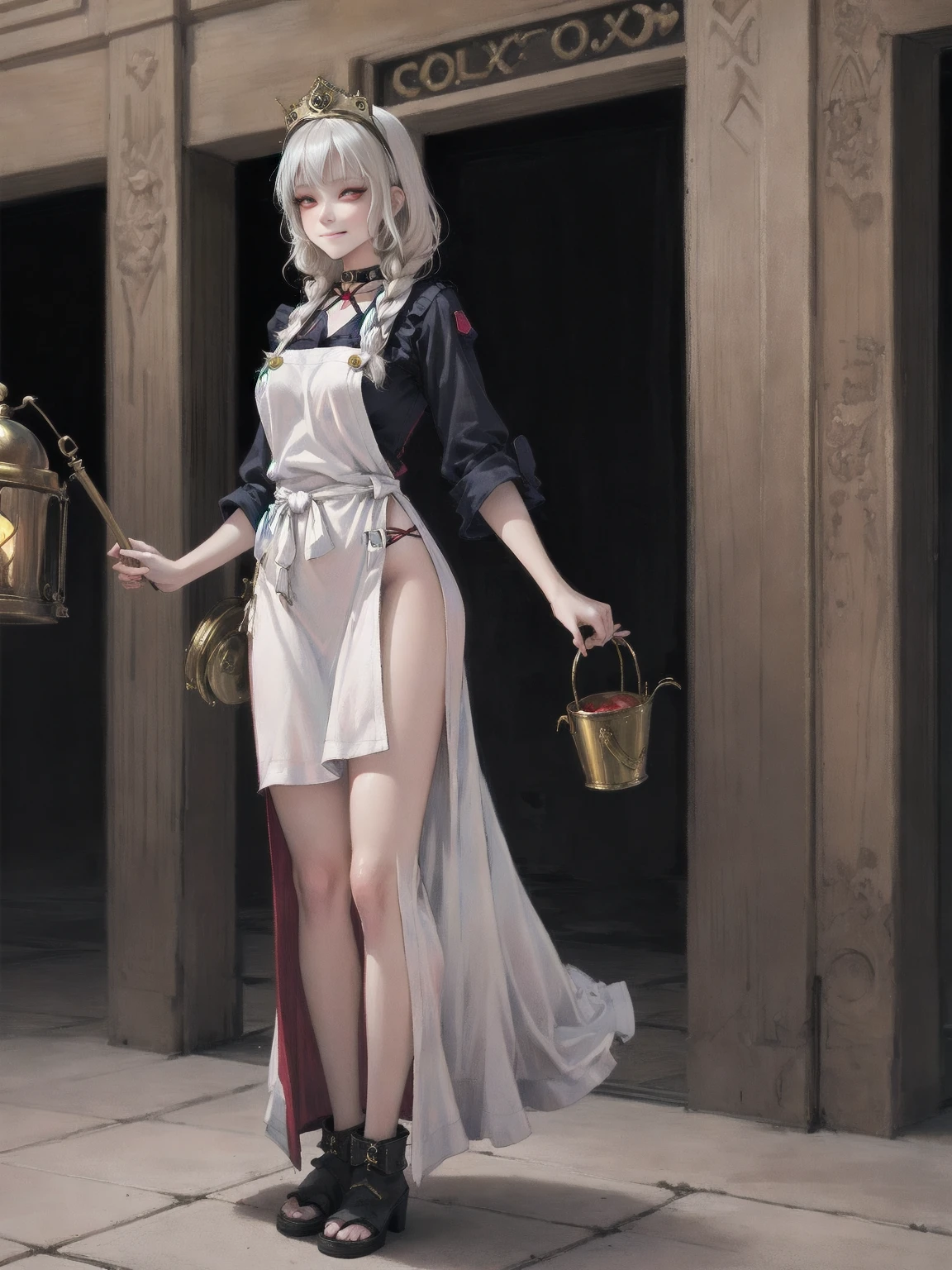 (Cassia Orsellio colored skin) full body standing straight symmetrical, red eyes, lustful smirking smile face red blush red cheeks, looking at viewer, holding tray, maid headdress, maid, dress, apron, long sleeves, brown pantyhose, leather choker with golden bell, long leather military boots, thighs, short bob white hair with 2braids, 2medium breast, masterpiece