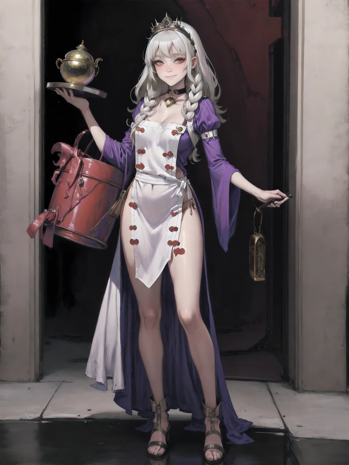 (Cassia Orsellio colored skin) full body standing straight symmetrical, red eyes, lustful smirking smile face red blush red cheeks, looking at viewer, holding tray, maid headdress, maid, dress, apron, long sleeves, brown pantyhose, leather choker with golden bell, long leather military boots, thighs, short bob white hair with 2braids, 2medium breast, masterpiece