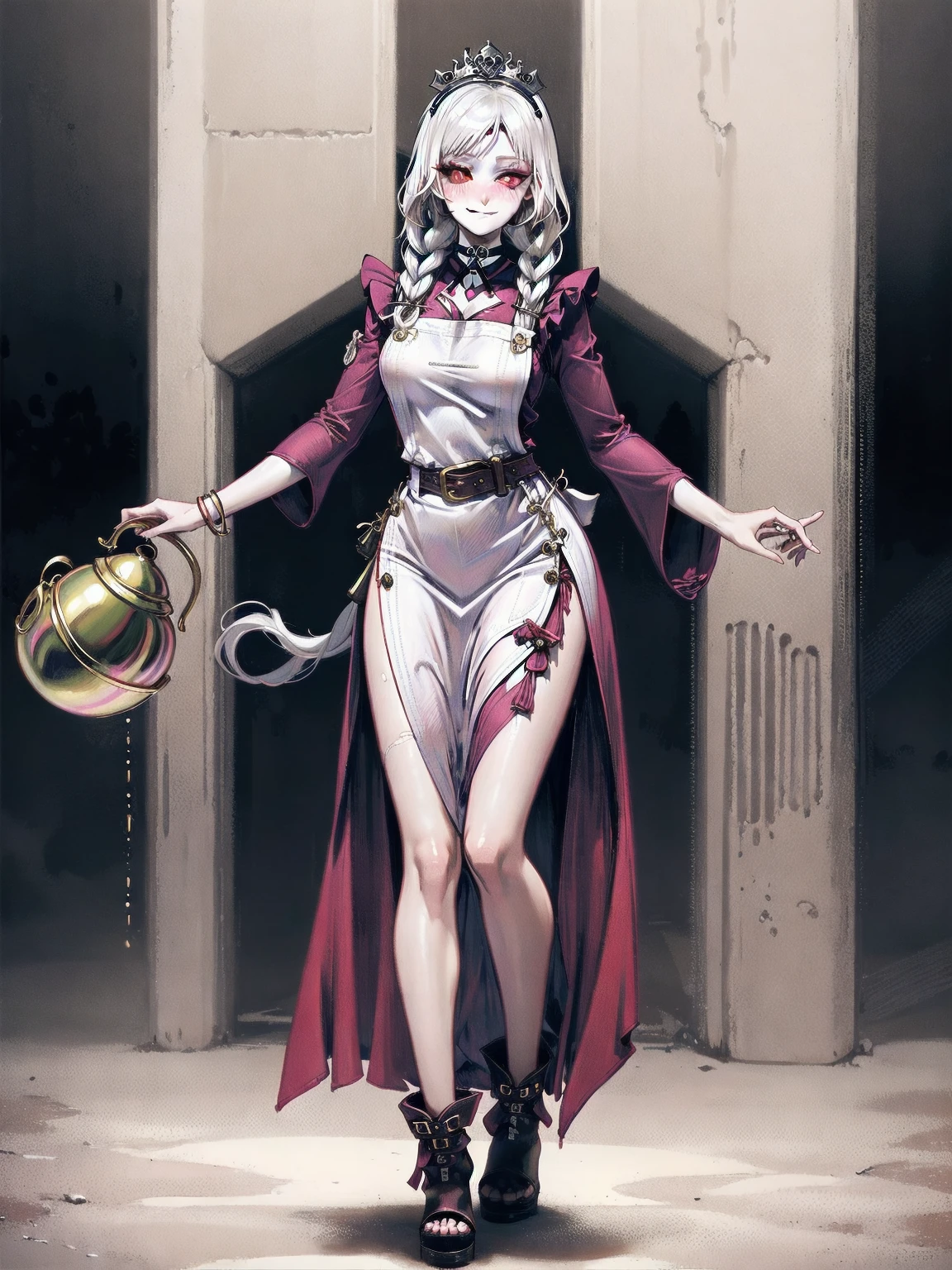 (Cassia Orsellio colored skin) full body standing straight symmetrical, red eyes, lustful smirking smile face red blush red cheeks, looking at viewer, holding tray, maid headdress, maid, dress, apron, long sleeves, brown pantyhose, leather choker with golden bell, long leather military boots, thighs, short bob white hair with 2braids, 2medium breast, masterpiece