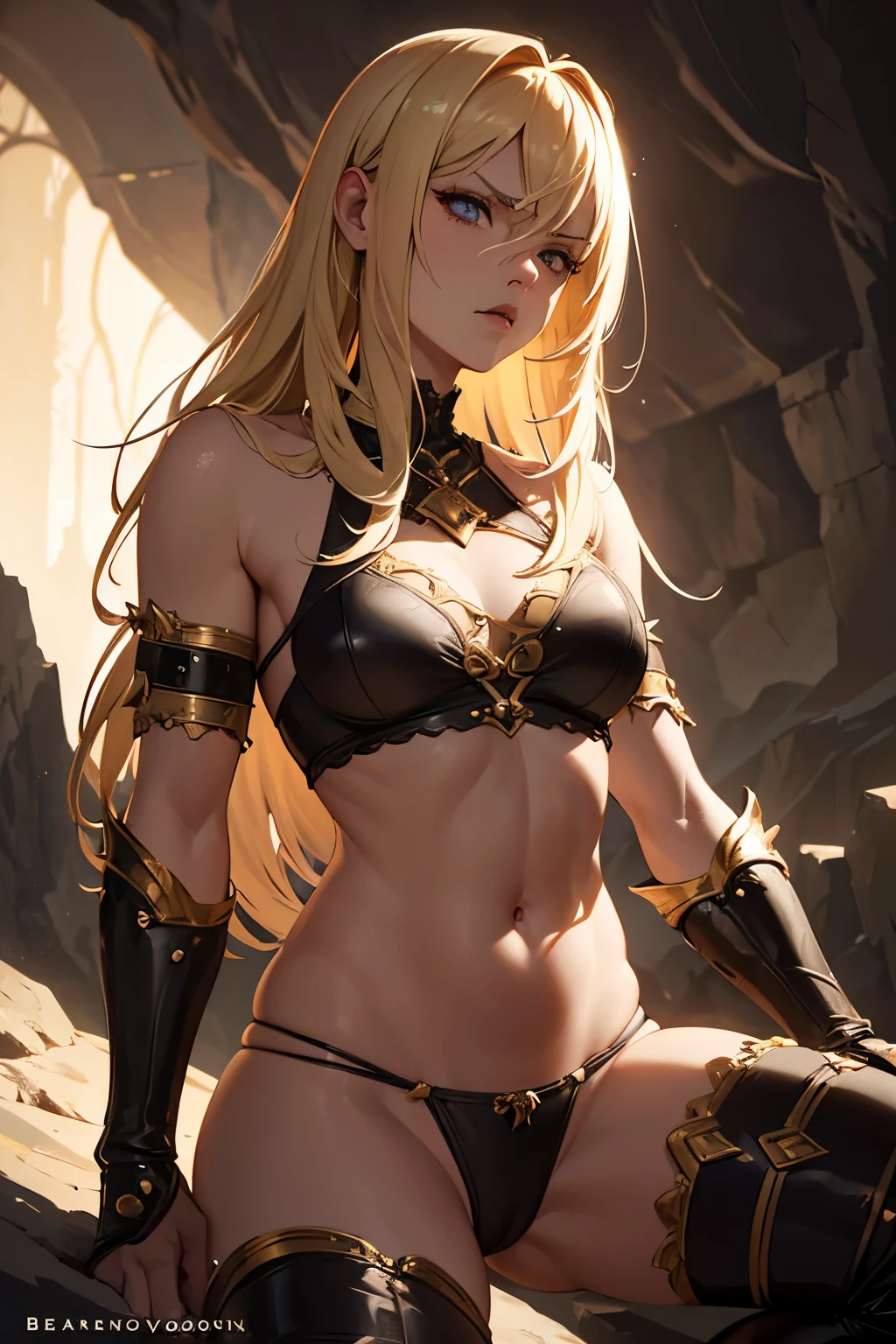 a beautiful blonde woman, cave savage, troglodyte, wearing bearskin panties and top, angry expression, extremely detailed face and eyes, highly detailed, photorealistic, 8k, cinematic lighting, dramatic lighting, chiaroscuro, dramatic shadows, moody atmosphere, earth tones, natural textures