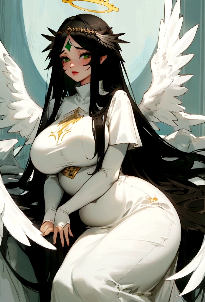 ((best quality)), ((masterpiece)), (detailed), 1woman, long white dress, large breasts, green eyes, super long black hair, beauty mark by left eye, plump lips, white wings on head, halo