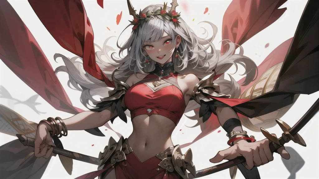 (masterpiece:1.4)、(highest quality:1.4)、
One Girl, Bracelet, Bare shoulders, Silver Hair, Blushing, bracelet, tits, Circlet, Red eyes, Wreath on head, Huge breasts, jewelry, Large Breasts, Hair length, Looking at the audience, Abdominal navel, O-ring, O-ringトップ, Simple Background, Laughter, solo, Very long hair, ,Real Stick,(Glowing Skin),(masterpiece:1.4),(highest quality:1.4),Red lips,Mature Woman