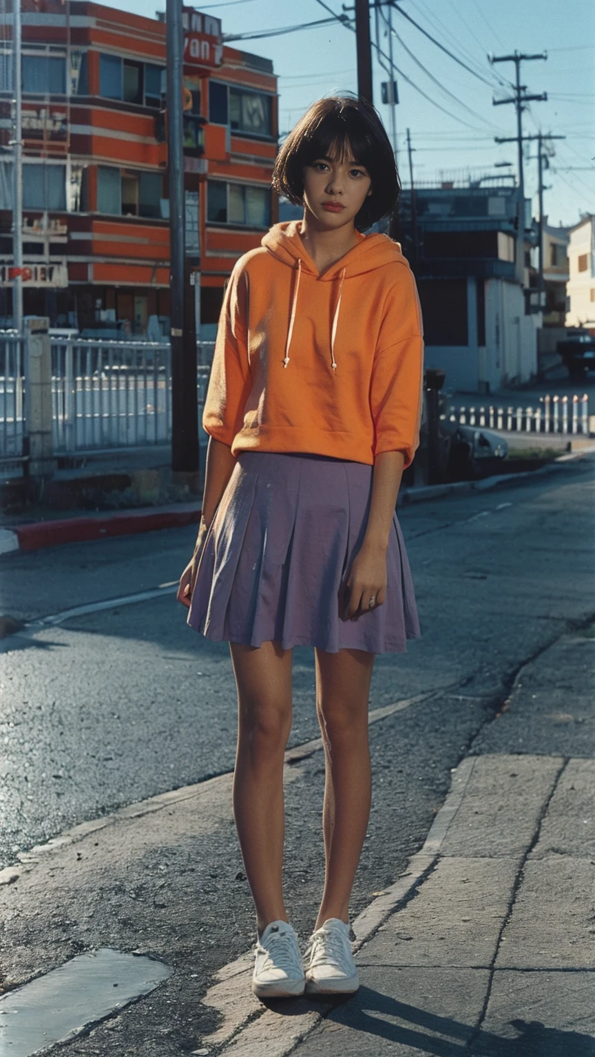 portrait of a serious 23 yo girl, plum body ,wear ((orange color oversized hoodie)), wear ((purple tennis skirt)),looking front,Best Quality,Masterpiece,Ultra High Resolution,(Realisticity:1.4),Original Photo, 1Girl, light leak,ultra high resolution,UHD,beautiful, (black bob hair), almond eye, no makeup, in front of (80's mondrian architecture motel), (realistic:1.2), (surreal:1.3), (very detailed:1.1), ((masterpiece)),summer, blue sky, palm trees,sunny, los angles vibes,film camera, 800mm lens,style of Philip Lorca diCorcia