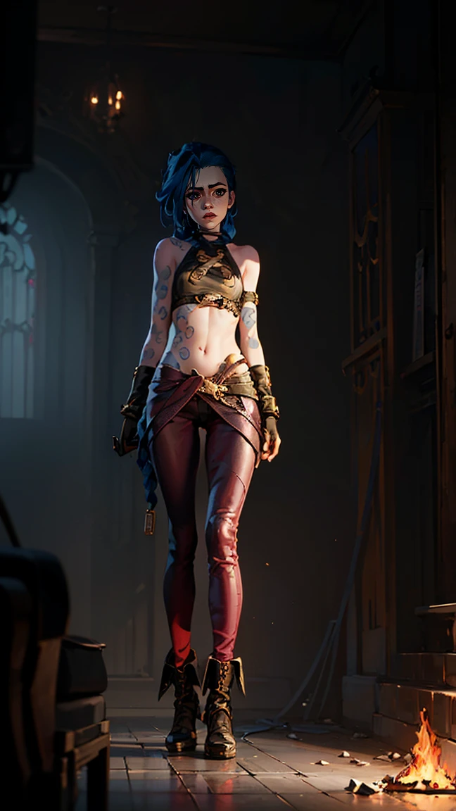 (masterpiece, Best quality), 1 girl, portrait, very sexy, crazy look, smile, crying, pink tears, tears on the cheeks, tears from eyes, full length (full body 1.1.), очень feminine, fighting stance, battle, fire, explosions, burning city, Beautiful waist, gloomy composition, flame, fire, Flash, very beautiful, feminine, long hair, hair braided in long braids, very sexy, tight leather pants, emphasis on the eyes, face accent, Beautiful face, Hands, Hair, Haired ponytail, red purple eyes, Джинкс crying, Blue cloud tattoo, (masterpiece, Best quality), Side lighting, beautiful detailed eyes, crazy face), (Best quality), (masterpiece), magic photography, Spectacular lighting, Photorealism, ultra detailed, интимная portraitная композиция, 1. 4,8 k UHD, aesthetic, Cd., A high resolution, 8 k, better lighting, Best shade, Ultra-HD, A high resolution, sharp focus, Complex background, Cinematic lighting, ((Landscape view)), 4K block, (better lighting), ((Cinematic lighting)),