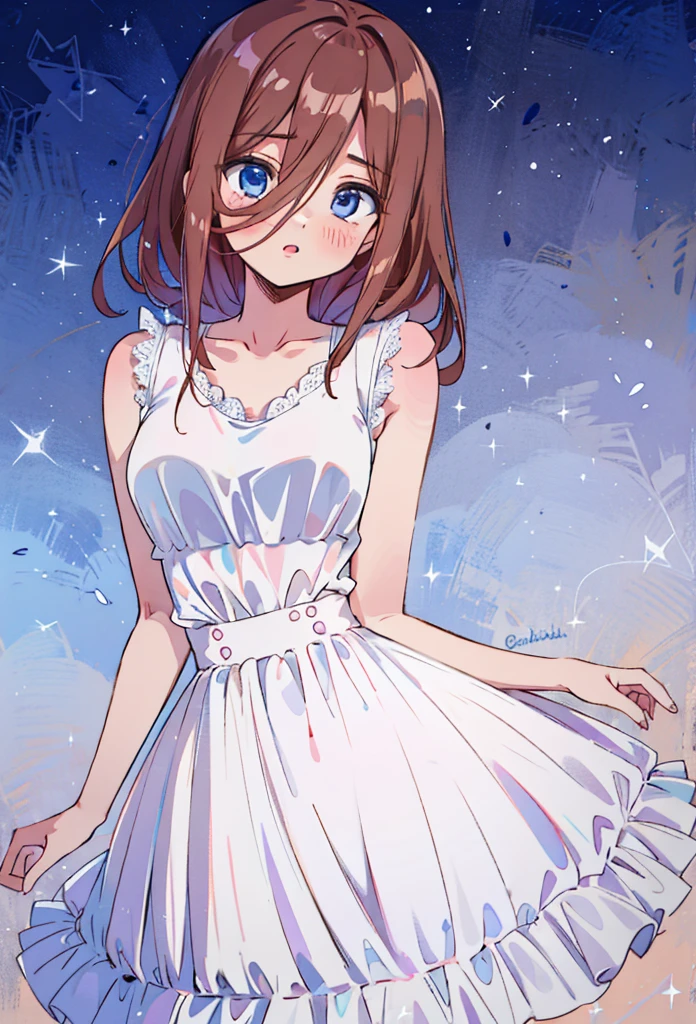 score_9, score_8_up, score_7_up, score_6_up, source anime, akihcipnxl, (1 girl) Sfw, Miku nakano, pretty teenage girl with fluffy long pink brown hair, heart shaped lips and blue eyes making a cute face, aamiku, Nakano Miku from The Quintessential Quintuplets, Miku Nakano, masterpiece, 4k, ultradetailed, cowboy shot, nakano Miku, pink red brown hair, blue eyes, sparkling eyes, night wear, white minimal simple nightwear matching set, white iridescent matching set, white satin and lace night vest, white satin and lace tank top with thin shoulder straps, white satin light night skirt, minimal outfit, simple outfit, all white outfit, full body, dynamic pose, moving, dynamism, hair between eyes, nightwear