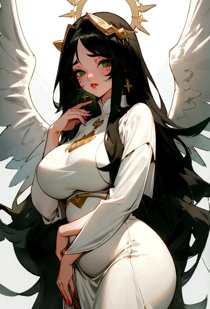 ((best quality)), ((masterpiece)), (detailed), 1woman, long white dress, large breasts, green eyes, super long black hair, beauty mark by left eye, plump lips, white wings on head, halo