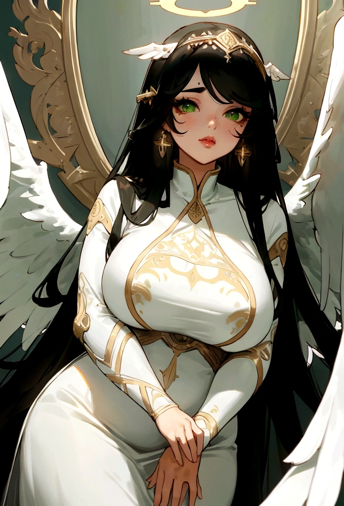 ((best quality)), ((masterpiece)), (detailed), 1woman, long white dress, large breasts, green eyes, super long black hair, beauty mark by left eye, plump lips, white wings on head, halo